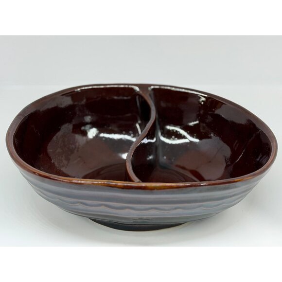 VTG 1950s Marcrest Daisy Dot Brown Stoneware Divided Serving Dish 9.5" USA Decor - Picture 2 of 7